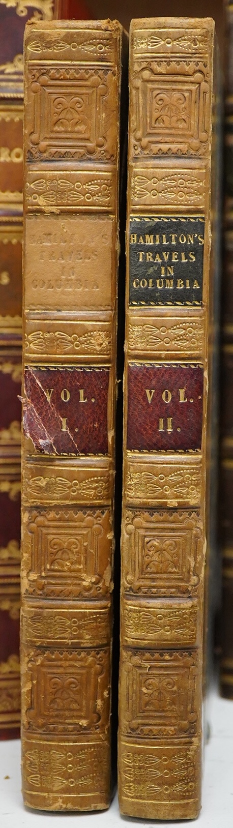 Hamilton, Col. J.P. - Travels through the Interior Provinces of Columbia. 1st edition, 2 vols. 7 plates and a folded map; contemp. half calf and marbled boards, gilt panelled spines with green and red labels, sm. cr.8vo.
